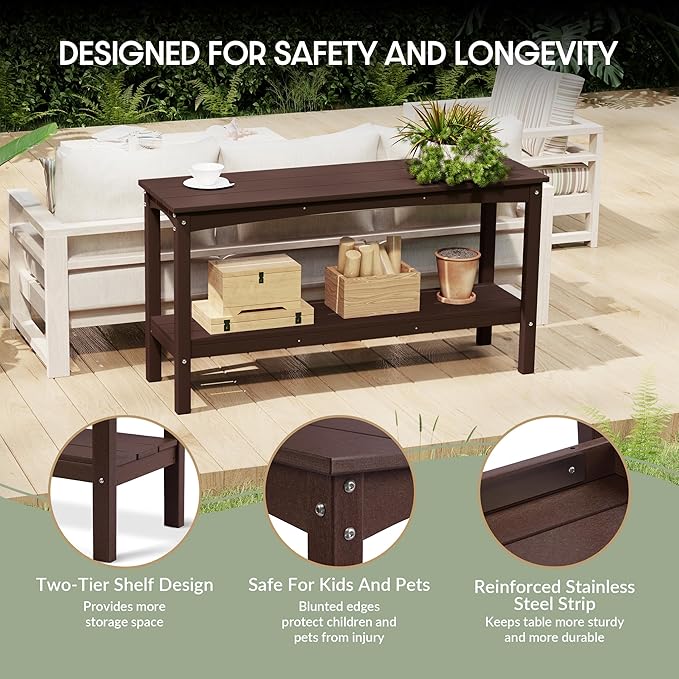 WestinTrends Malibu 55" Outdoor Patio HDPE Adirondack 2-Tier Shelf Console Table, Dark Brown - Photo 7