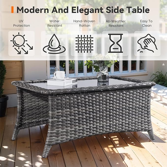 Outdoor Coffee Table - Patio Rattan Wicker Coffee Table with Tempered Glass Top Outdoor Table for Deck Porch Balcony Garden - Grey
