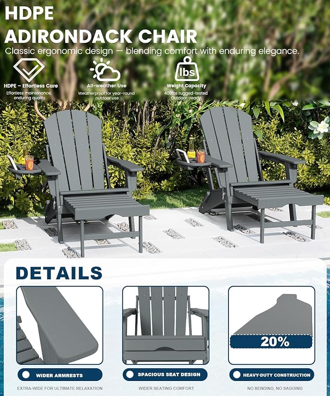 FOOWIN Folding Adjustable Adirondack Chair with Retractable Ottoman Set of 2, HDPE Adirondack Chair w/4 in 1 Cup Holder Trays,All-Weather Resistant Fire Pit Chair for Outdoor Patio Lawn, Grey