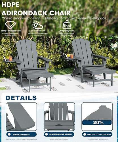 FOOWIN Folding Adjustable Adirondack Chair with Retractable Ottoman Set of 2, HDPE Adirondack Chair w/4 in 1 Cup Holder Trays,All-Weather Resistant Fire Pit Chair for Outdoor Patio Lawn, Grey