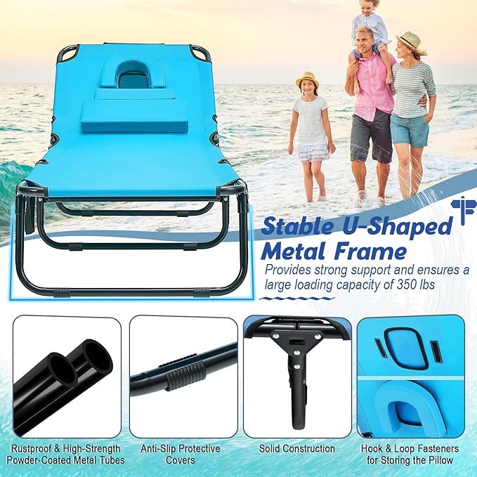 Goplus Tanning Chair, Folding Beach Lounge Chair with Face Hole, Removable Pillow, Carry Strap, Position Adjustable - Photo 6