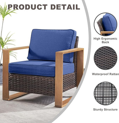 Rilyson Outdoor Wicker Patio Furniture Set - 5 Piece Patio Conversation Set with 2 Wicker Armrest Chairs,2 Rattan Ottoman, 1 Side Table, Sturdy Frame, Thick Cushions, Deep Seating(Brown/Blue)