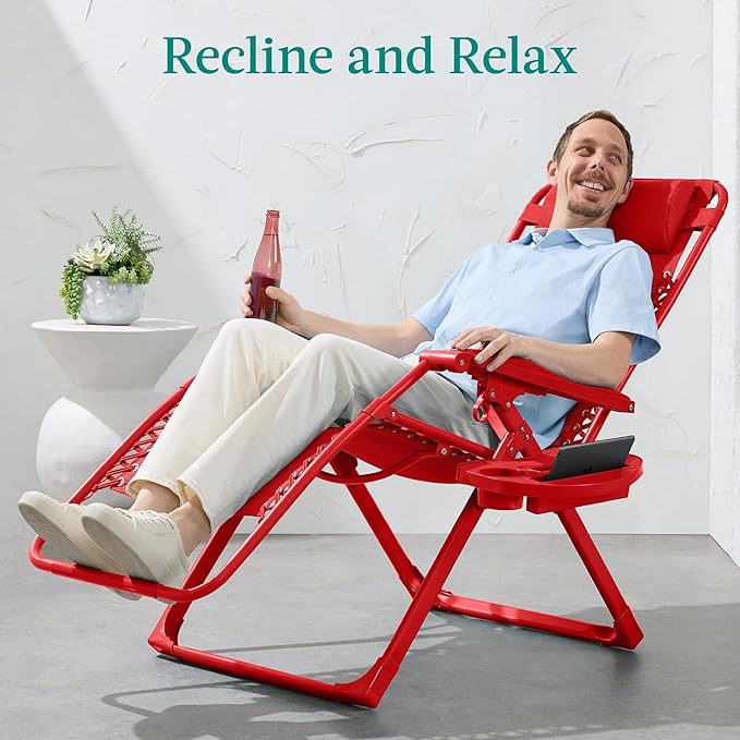 Best Choice Products Adjustable Zero Gravity Chair, Monochromatic Color Folding Patio Recliner w/Side Tray, Headrest - Chili