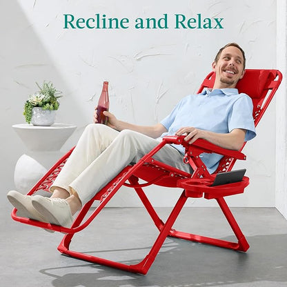 Best Choice Products Adjustable Zero Gravity Chair, Monochromatic Color Folding Patio Recliner w/Side Tray, Headrest - Chili