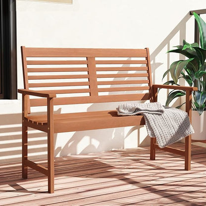 Tangkula Wood Outdoor Bench, 2-Person Patio Bench with Ergonomic Backrest & Armrests, Slatted Seat, Teak Oil Finish, for Front Porch, Backyard, Park, Loads up to 660 LBS
