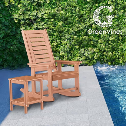 GREENVINES Outdoor Rocking Chairs | Set of 4 | Porch Rocker | HDPE Plastic | Teak | Oversized Rockers | High Back | Big & Tall | Ladder Back | for Patio Outside Backyard Balcony Garden