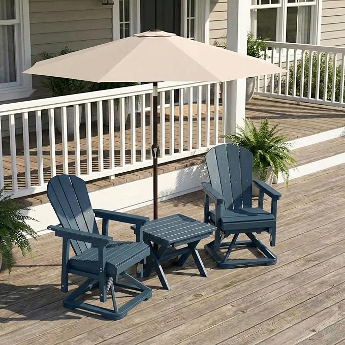 HDPE Outdoor Swivel Glider Chair Set of 2 with Folding Side Table & 9FT Patio Umbrella, Adirondack Wooden Textured Swivel Chairs for Porch, Balcony, Poolside, Backyard (Navy Blue)