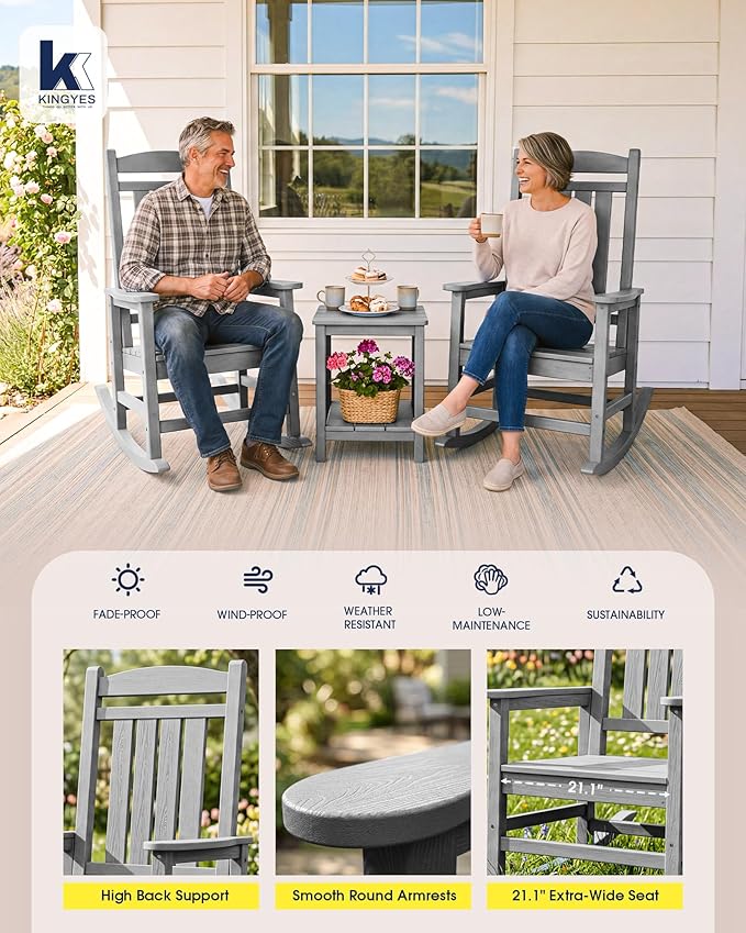 KINGYES HDPE Outdoor Rocking Chair, All-Weather Patio Rocking Chair, Weather Resistant Porch Rocker for Adults, Light Gray