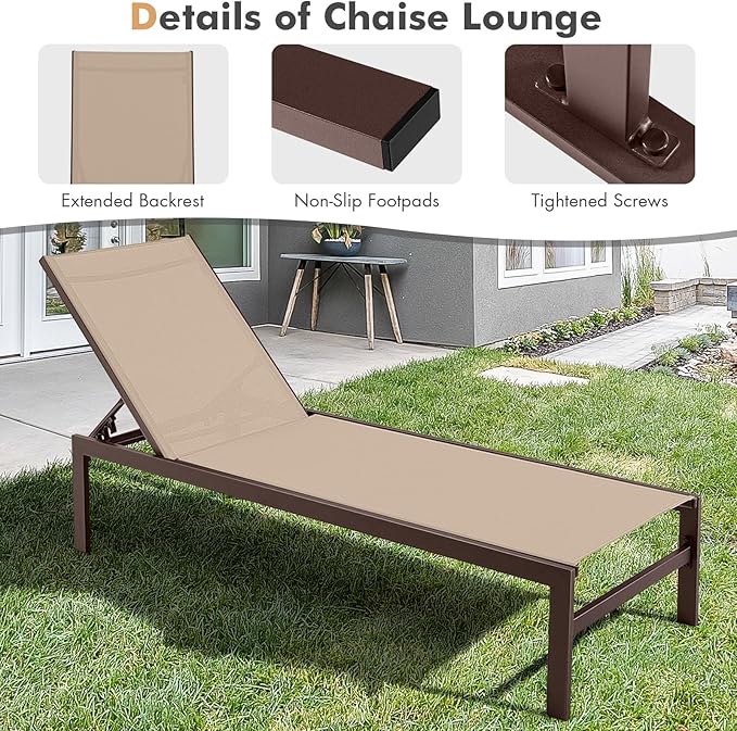 COSTWAY Lounge Chair Outdoor, Aluminum Frame Chaise Lounge with 6-Position Adjustable, Breathable Fabric - Photo 7