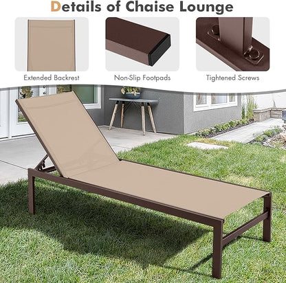 COSTWAY Lounge Chair Outdoor, Aluminum Frame Chaise Lounge with 6-Position Adjustable, Breathable Fabric, Lightweight Patio Pool Lounger for Tanning (1, Brown)