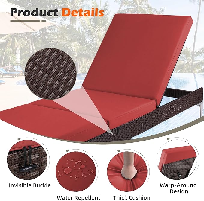 HOMREST Outdoor Lounge Chairs Set of 6, Patio Wicker Chaise Lounge with Removable Cushion, Rattan Pool Sunbathing Recliners with Adjustable Backrest (Burgundy)