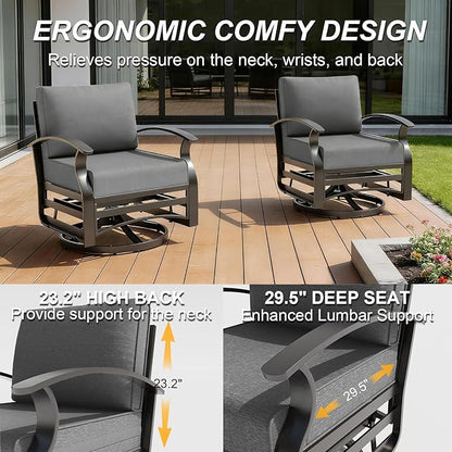 Gotland 5 Piece Patio Set, Aluminum Outdoor Swivel Chairs Set with 48’’ Round Fire Pit 5.1’’ High-Resilience Seat Cushions 29.5" Deep Seating, Metal Patio Furniture Set Patio Conversation Sets, Grey