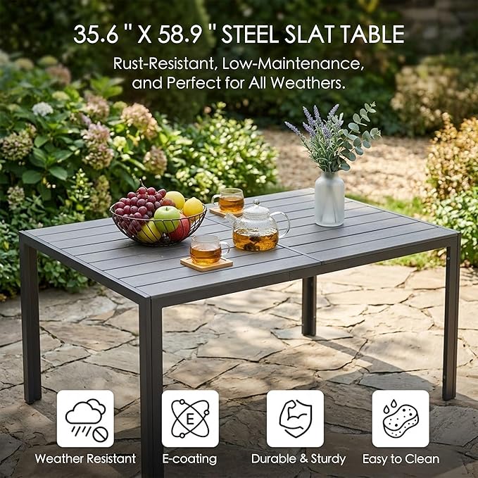 Kozyard Outdoor Patio Dining Table for 6, Rectangular 35.6" x 58.9" Metal Table with Wood-Look Tabletop, Weather-Resistant Frame for Backyard, Porch, Deck, Garden, Brown