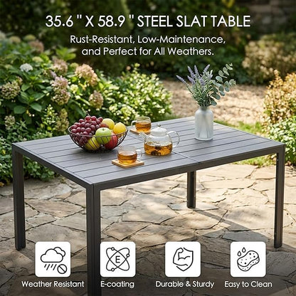 Kozyard Outdoor Patio Dining Table for 6, Rectangular 35.6" x 58.9" Metal Table with Wood-Look Tabletop, Weather-Resistant Frame for Backyard, Porch, Deck, Garden, Brown