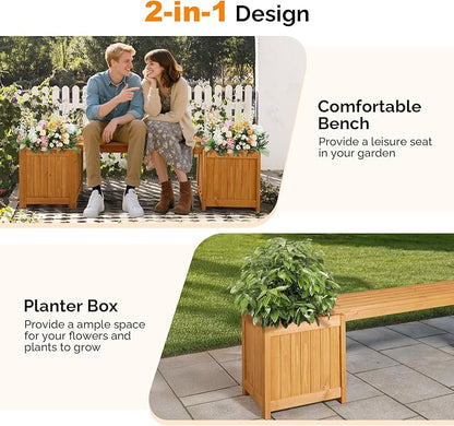 VINGLI Outdoor Wood Bench with Planter Boxes, 2-in-1 All-Weather Porch Bench Seat ＆ Open-Ended Wooden Raised Garden Bed, for Balcony Yard Patio (2 Boxes)