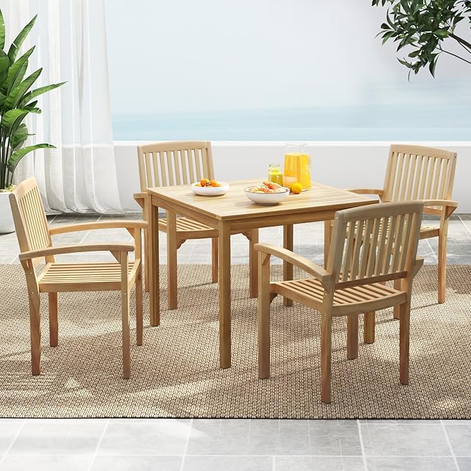 Tangkula Outdoor Patio Wood Dining Chair, Teak Wood Armchair with Slatted Seat & Curved Seat, Ergonomic Armrests, Solid Wooden Legs, for Balcony, Poolside, Porch, Yard (4)