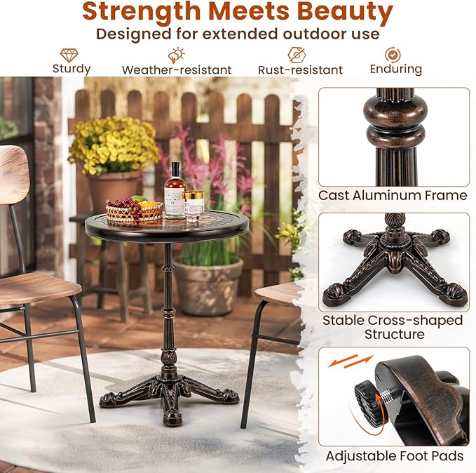 Tangkula 24" Round Patio Dining Table, Weather-Resistant Cast Aluminum Outdoor Table with Carved Texture & Painted Top, for Balcony, Garden, Backyard, Poolside