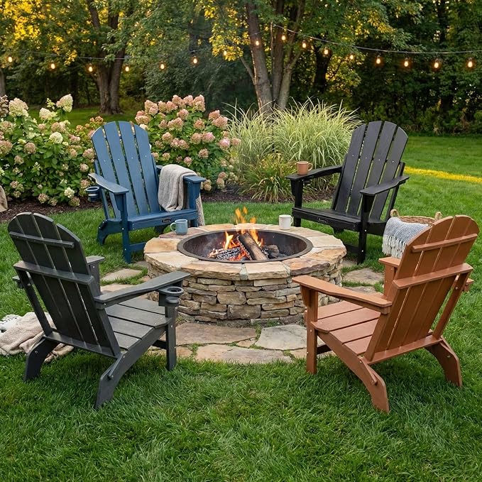 FUNBERRY Folding Adirondack Chairs Set of 4, HDPE Stable Gun-Leg Design Fire Pit Chairs with Cupholder All Weather for Outside
