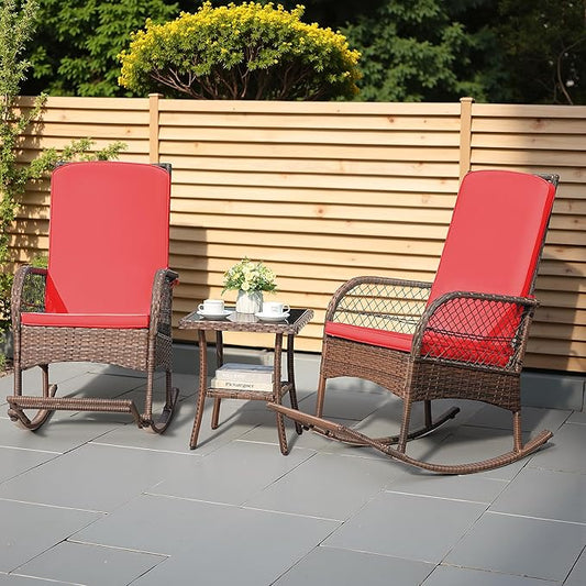 Greesum 3 Piece Outdoor Wicker Rocking Chairs Patio Furniture Set with Glass Coffee Table for Garden Backyard Porch Poolside, Red
