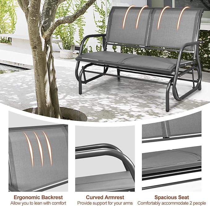 Tangkula 2 Person Patio Glider, Outdoor Swing Bench, Rocker Glider Loveseat Chair with Heavy-Duty Steel Frame, Breathable Seat Fabric, Rocking Lounge Chair for Poolside, Garden, Backyard, Porch (Gray)