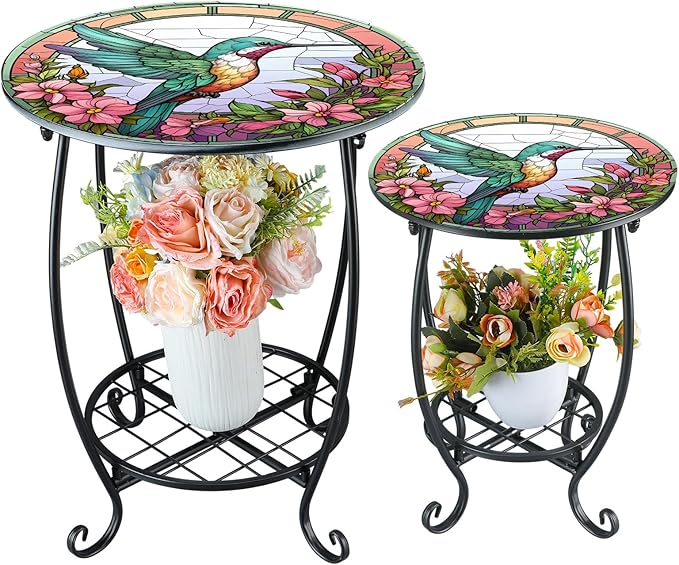 2 Pcs Outdoor Side Table Small Patio Round Mosaic Accent End Table Indoor Plant Metal Coffee Tea Tables for Patio Yard Porch Garden Living Room(12" and 16",Hummingbird Style)