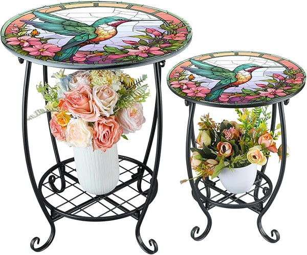 2 Pcs Outdoor Side Table Small Patio Round Mosaic Accent End Table Indoor Plant Metal Coffee Tea Tables for Patio Yard - Photo 1