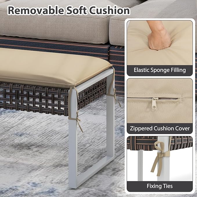 RELAX4LIFE Wicker Outdoor Ottoman Footstool - Set of 2 Rattan Patio Foot Rest w/Soft Cushion & Metal Frame, Multipurpose Coffee Table, 43’’ Seating Bench, Foot Stool for Garden Porch Backyard (2)