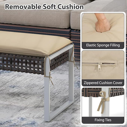 HAPPYGRILL Patio Rattan Loveseat Bench Ottoman, 43 Inch Outdoor Seat with Metal Legs & Seat Cushion, Wicker Footstool Seating Furniture for Backyard, Poolside, Front Porch (2)