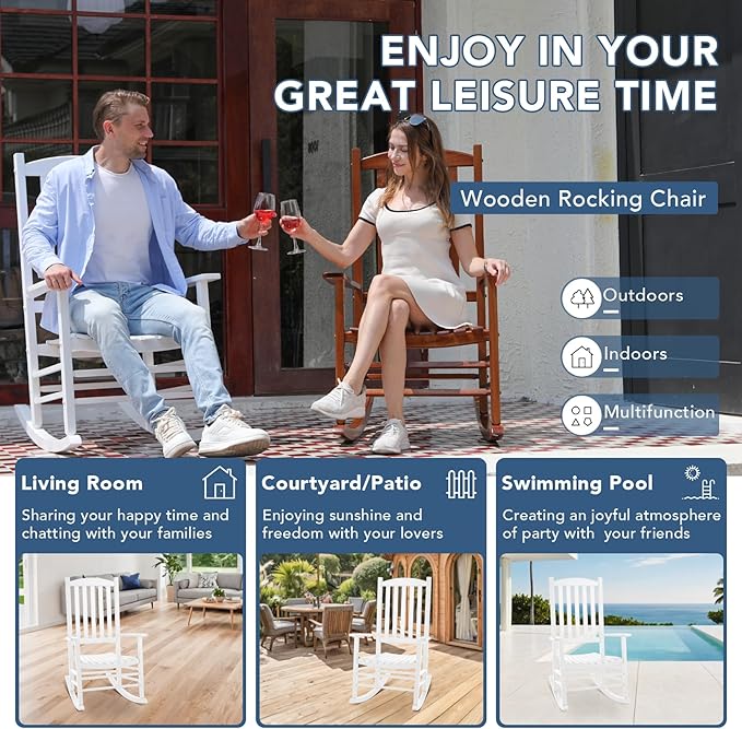 Wooden Outdoor Rocking Chair, Oversized Patio Rocking Chair w/400lbs Support & High Backrest | Porch, Lawn, Garden, Backyard，White