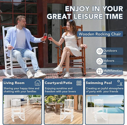 Wooden Outdoor Rocking Chair, Oversized Patio Rocking Chair w/400lbs Support & High Backrest | Porch, Lawn, Garden, Backyard，White