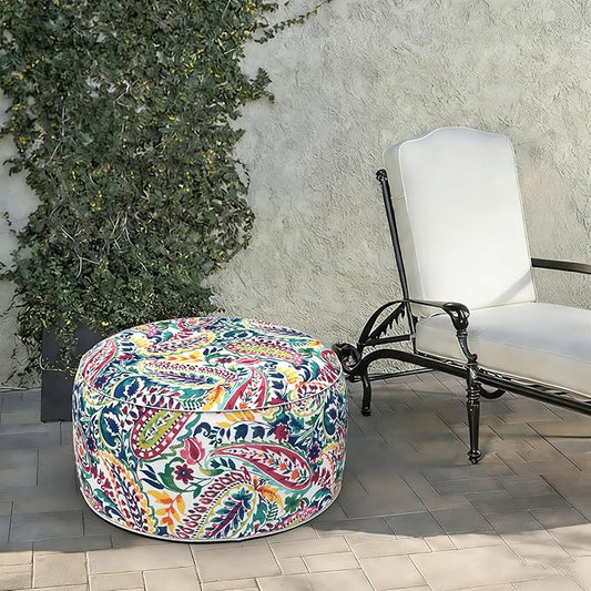 LVTXIII Indoor/Outdoor Extra Large Inflatable Ottoman Pouf D31 x H14 Inch, Round Footstool with Handle, Weather-Resistant Portable Furniture for Patio, Camping, Beach, Vigour Paisley