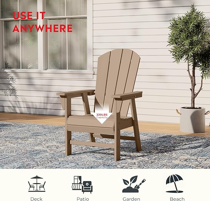 Costaelm Outdoor Fire Pit Chair, Patio hdpe Balcony Pool Adirondack Chair, Modern Front Porch Backyard Chair, Garden Resin Lounge Chair for Outside, Weathered Wood