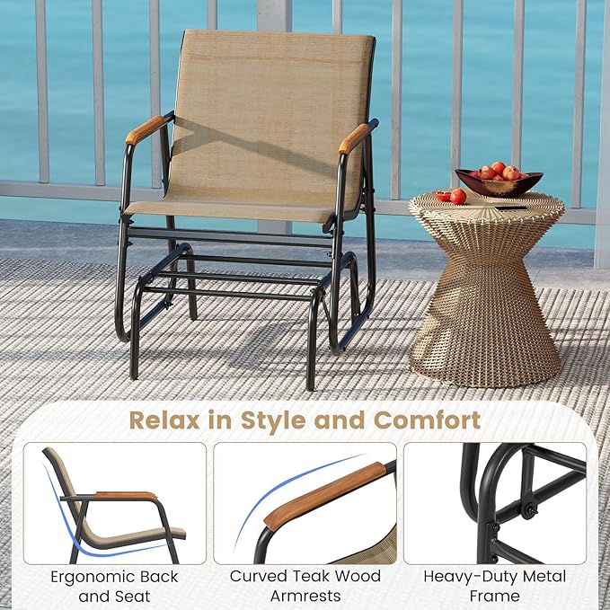 Giantex Outdoor Glider, Swing Rocking Chair with Breathable Fabric Seat, Curved Teak Wood Armrests and Metal Frame - Photo 6
