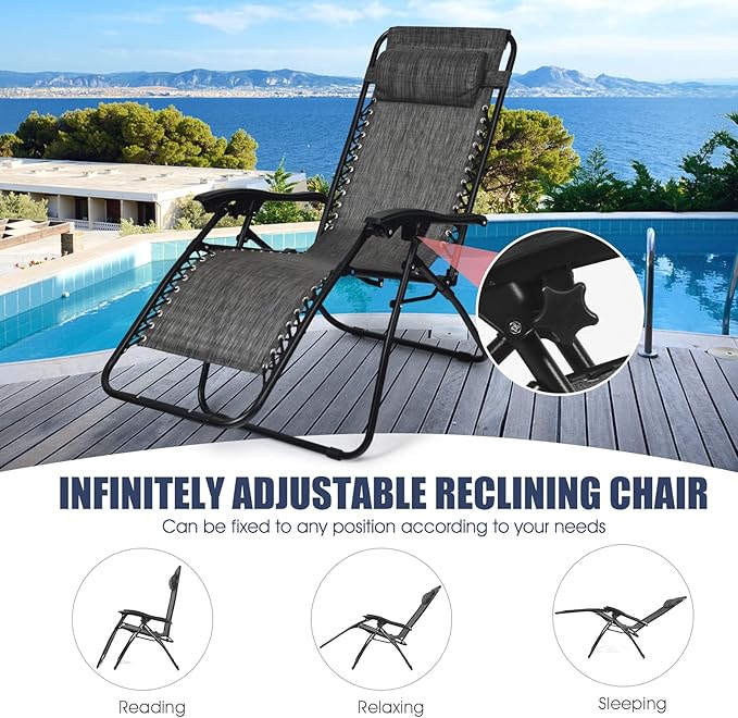 Goplus Zero Gravity Chair Set, 3 Pieces Outdoor Lounge Chair Recliners w/Side Table, Headrest and Cup Holders, Adjustable Folding Recliners and Table for Patio, Yard, Pool, Beach (Grey)