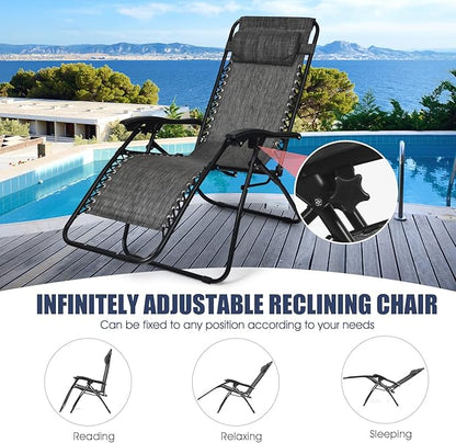 Goplus Zero Gravity Chair Set, 3 Pieces Outdoor Lounge Chair Recliners w/Side Table, Headrest and Cup Holders, Adjustable Folding Recliners and Table for Patio, Yard, Pool, Beach (Grey)
