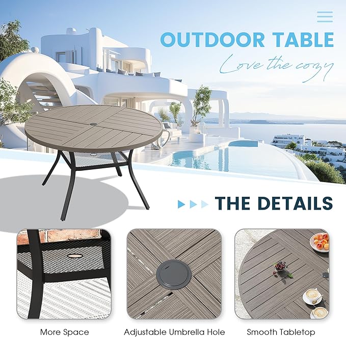 Patio Dining Table for 4-6, Round Metal Outdoor Table with Storage Shelf, 1.57" Umbrella Hole, 47" Outdoor Quartered Tabletop Dining Table for Backyard, Porch, Lawn, Grey