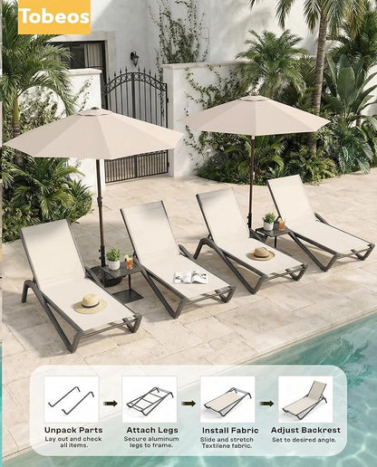 Outdoor Chaise Lounge Chair, 5-Position Adjustable Patio Lounge Chair with Ergonomic Aluminum Frame, Textilene Fabric Pool Loung Chairs for Poolside, Deck, Backyard (White)