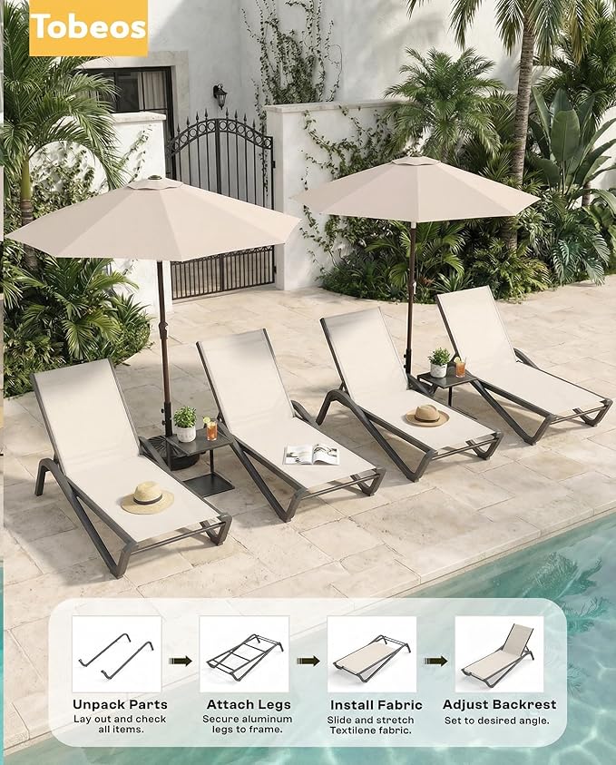 Outdoor Chaise Lounge Chair Set of 2, 5-Position Adjustable Patio Lounge Chair with Aluminum Frame, Textilene Fabric Pool Loung Chairs for Poolside, Deck, Backyard (White)