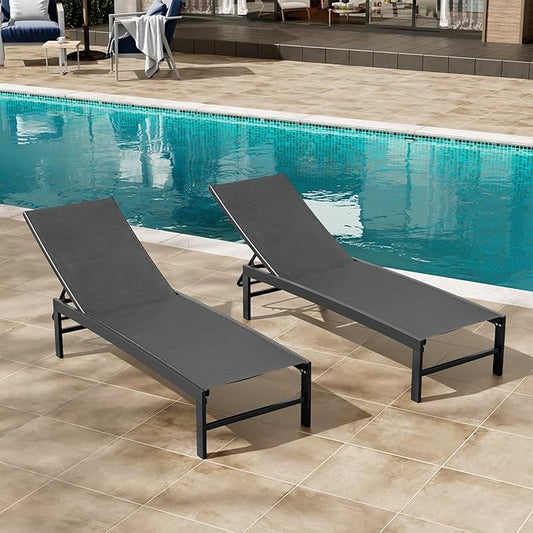 Crestlive Products Lounge Chair Outdoor Set of 2, Aluminum Pool Chaise Lounge Chairs, Adjustable Five-Position Tanning Recliner, All Weather for Patio, Beach, Yard, Pool (Black)