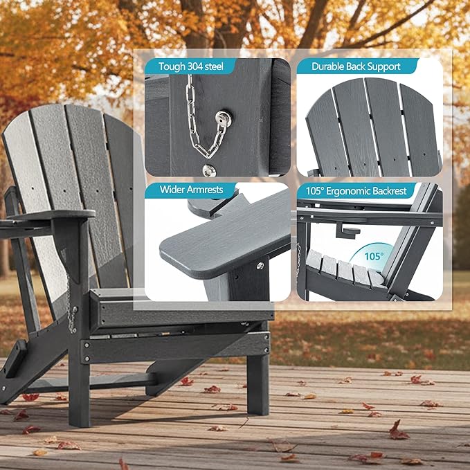 Folding Outdoor Adirondack Chairs Set of 2 with High&Reclining Back-HDPE Weather Resistant Patio Chairs with Cup and Phone Holder for Patio,Fire Pit, Garden and Backyard