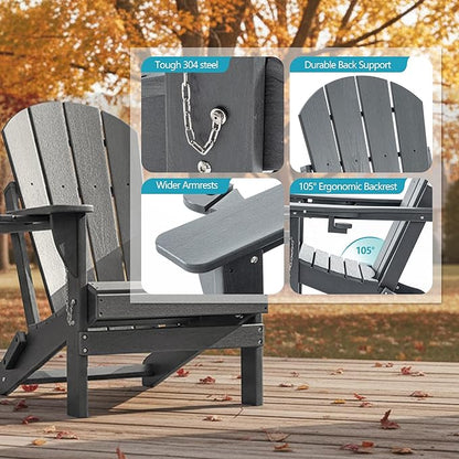 Folding Outdoor Adirondack Chairs Set of 4 with HDPE Side Tables-Plastic Weather Resistant Patio Chairs with Small Outdoor Side Tables 2 Storage for Patio,Fire Pit, Garden and Backyard