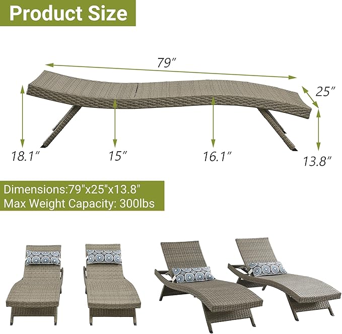 Outdoor Wicker Reclining Lounge Chair, 79" Rattan Patio Chaise Lounges for Poolside, Garden, Backyard, Set of 2 - Photo 2