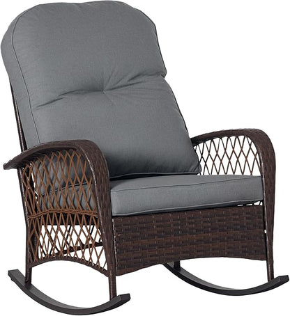 Outsunny Outdoor Wicker Rocking Chair with Wide Seat, Thickened Cushion, Rattan Rocker with Steel Frame for Patio, Garden, Backyard, Gray