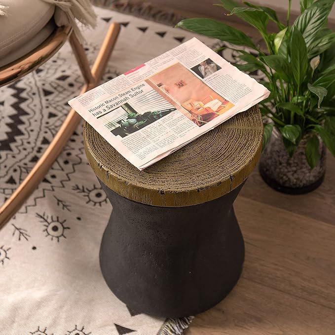 COSIEST Outdoor End Table, Drum Side Table Faux-Wood Top, Black Base with Tree Trunk Slice Hand Painted, Accent Stool, Plant Stand (Hourglass)