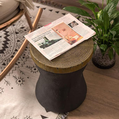 COSIEST Outdoor End Table, Drum Side Table Faux-Wood Top, Black Base with Tree Trunk Slice Hand Painted, Accent Stool, Plant Stand (Hourglass)