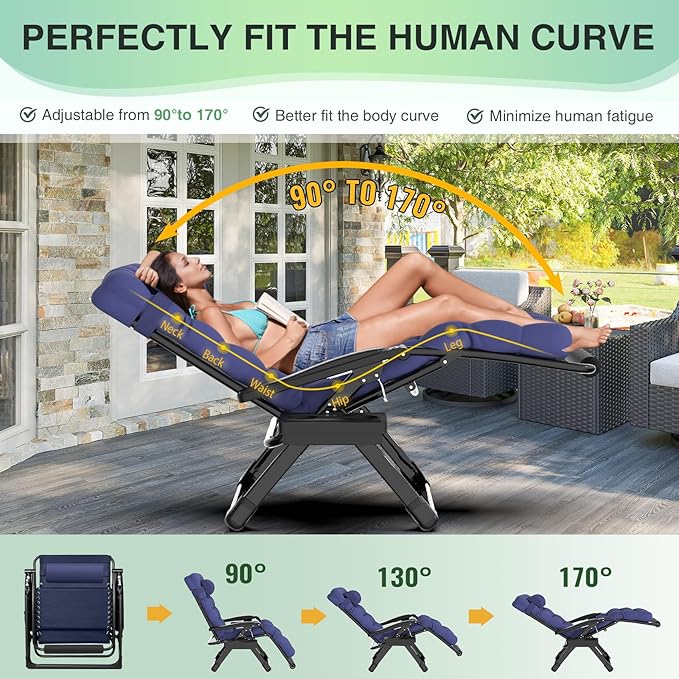 Suteck Oversized Zero Gravity Chair, 29In XL Outdoor Recliner Chair w/Removable Cushion&Headrest - Photo 4