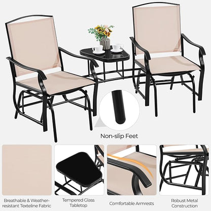 Yaheetech Outdoor Glider Chairs with Glass Table Rocking Chairs, Outdoor Loveseat Patio 2-Seat with Breathable Sling Fabric for Lawn, Garden and Porch, Beige