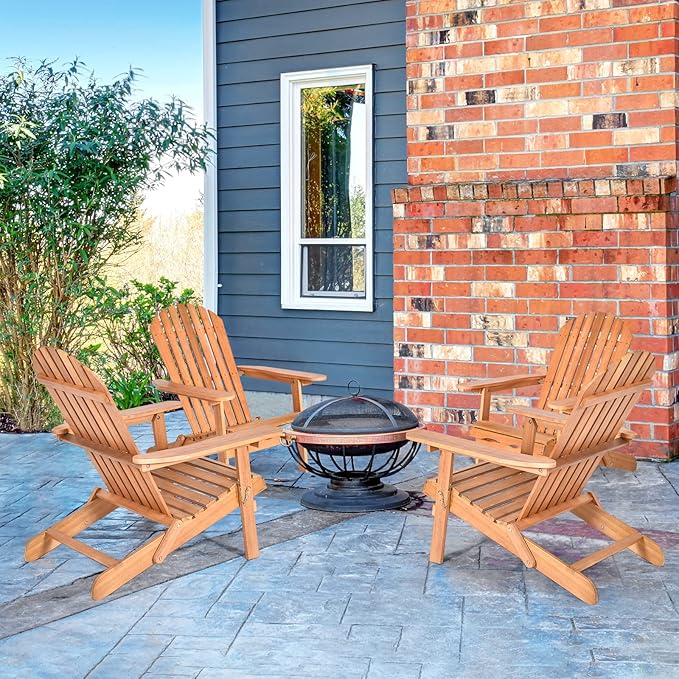 Tangkula Folding Adirondack Chair, Weather Resistant Outdoor Chair, Eucalyptus Wood Adirondack Lounger Chair for Patio Porch Deck Poolside and Backyard (1) Natural