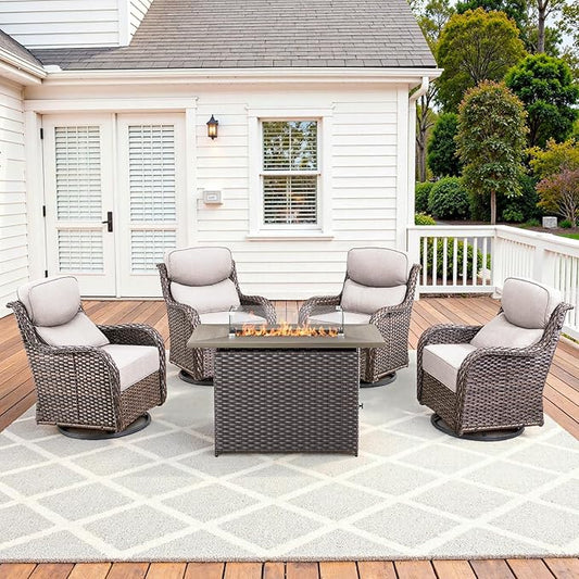 Luxury High Back Patio Furniture Set with Fire Pit Table & 6-Inch Thick Cushions, 5-Pieces Outdoor Furniture w/ 4 Swivel Chairs, Wicker Conversation Set for Porch, Balcony, Deck and Yard, Brown/Beige