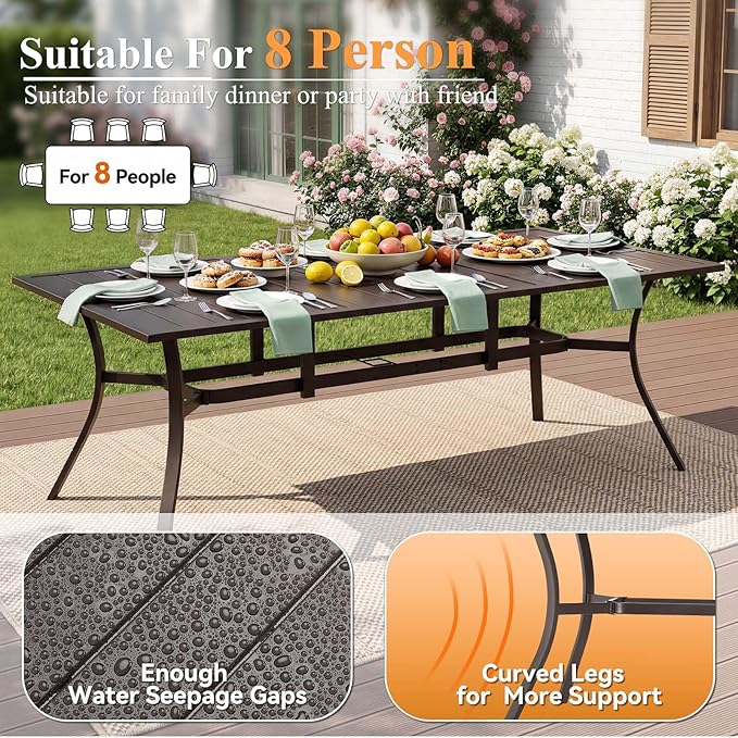 Rectangle Patio Dining Table, 8-Person Metal Outdoor Patio Table with Adjustable Umbrella Hole, Weather-Resistant for Garden Backyard Porch, Dark Brown